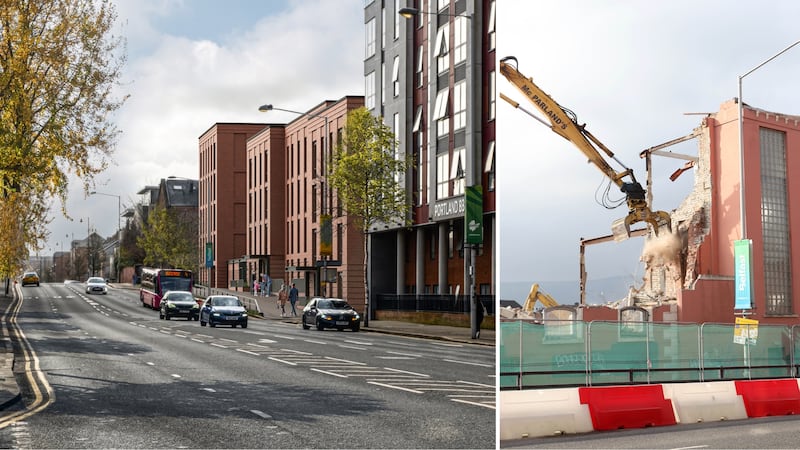 An artistic impression produced in support of Lotus Property's Ormeau Road residential development (left), on the former Havelock House site (right).
