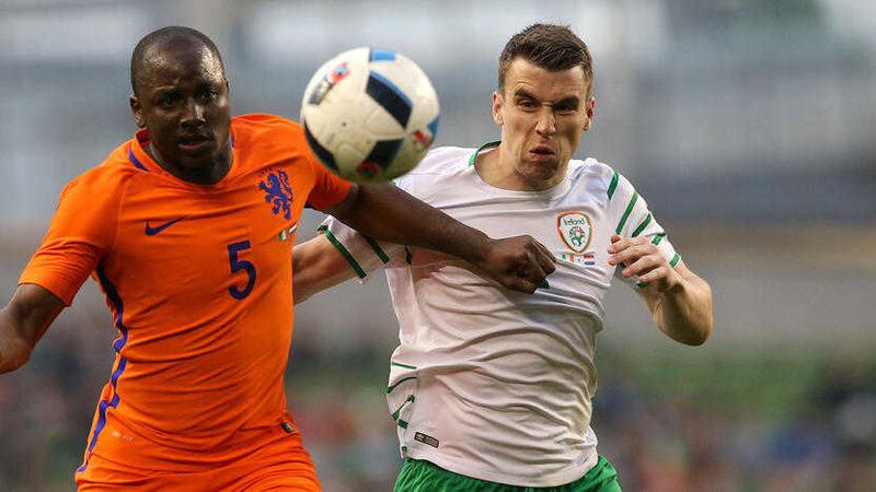 Seamus Coleman battles for the ball with Holland's Jetro Willems (left) during the recent international friendly at the Aviva Stadium