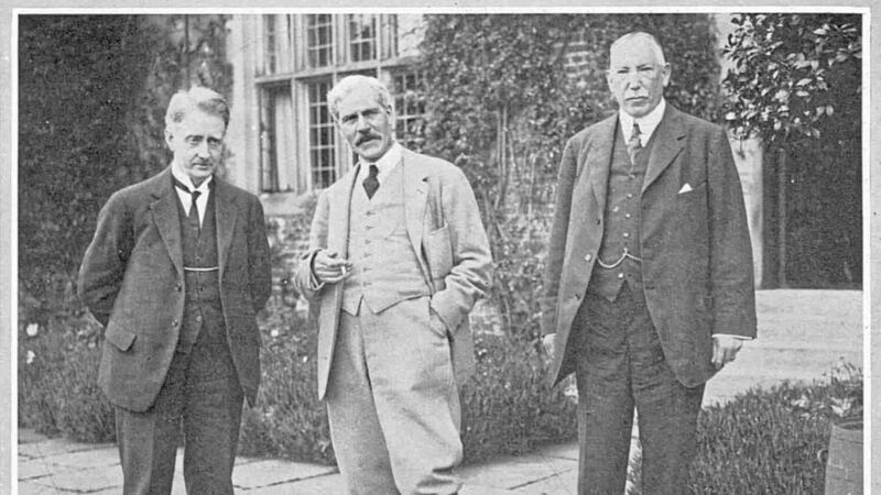 WT Cosgrave, British Prime Minister Ramsay MacDonald and James Craig photographed during discussions about the border held at Chequers in June 1924 