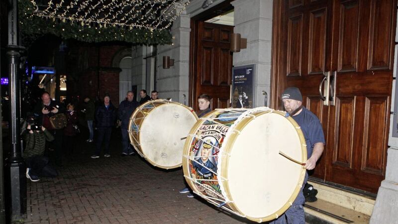 Lambeg drums being played outside the Ulster Hall on Friday night. Picture by Matt Bohill
