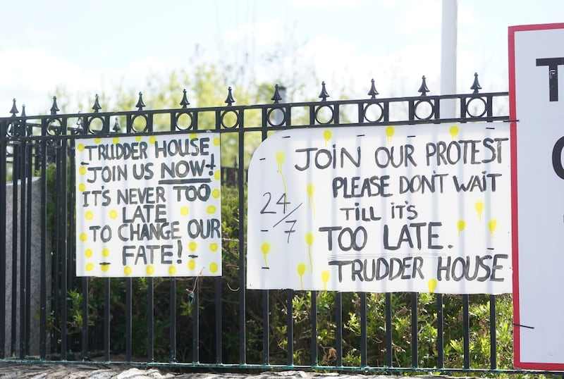 A sign in Newtownmountkennedy urging people 'Join our protest' after protests near a site earmarked for asylum seekers descended into violence