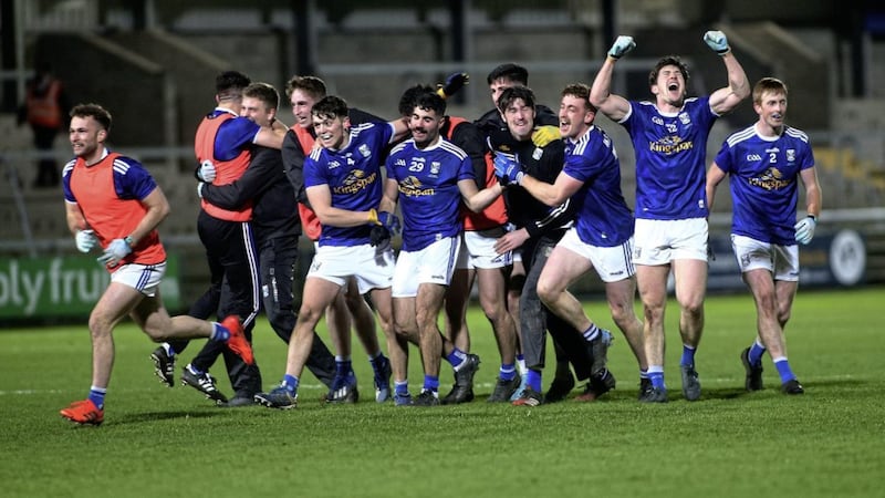 Cavan's players celebrate at the final whistle after shocking Donegal in the Ulster SFC Final.<br /> Picture Seamus Loughran