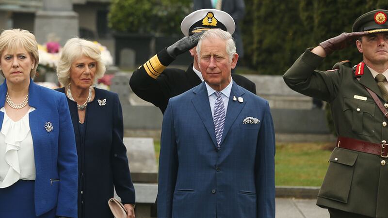(Left-right) Minister for Arts, Heritage and the Gaeltacht Heather Humphreys, the Duchess of Cornwall  and the Prince of Wales ahead of a wreath laying ceremony at Glasnevin cemetery&nbsp;
