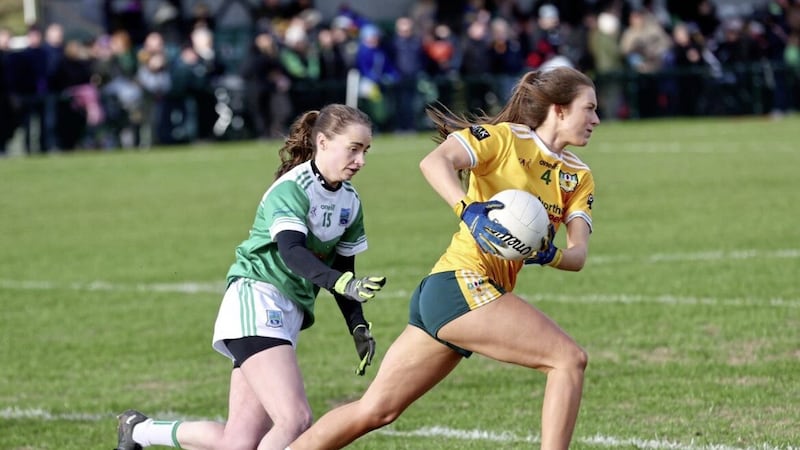Antrim&rsquo;s Niamh McIntosh gets away from Fermanagh&rsquo;s Laura Grew at Davitt Park Picture by Mal McCann 