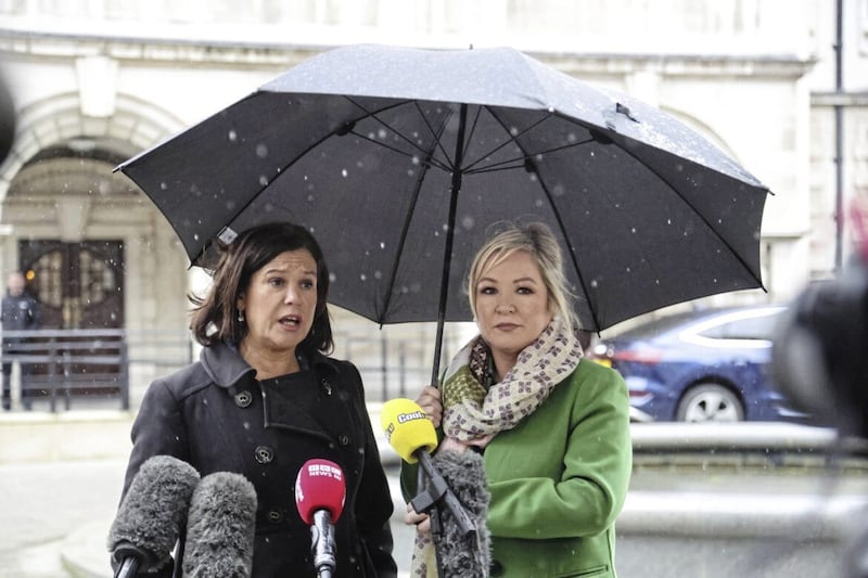 Sinn Fein Mary Lou McDonald and Michelle O&#39;Neill left out in the rain.Picture by Hugh Russell. 