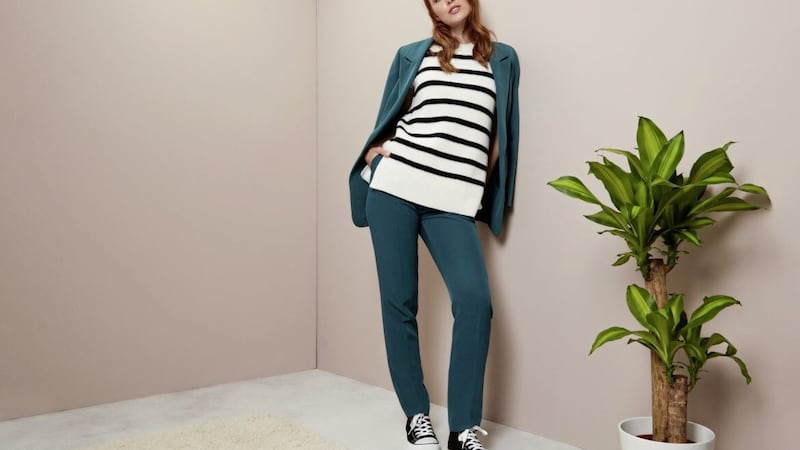M&amp;Co Green Smart Blazer Co-Ord, &pound;22 (was &pound;44); White Tipped Stripe Jumper, &pound;23.80 (was &pound;34); Green Smart Tapered Trousers Co-Ord, &pound;14.75 (were &pound;29.50), available from M&amp;Co (shoes, stylist&#39;s own) 