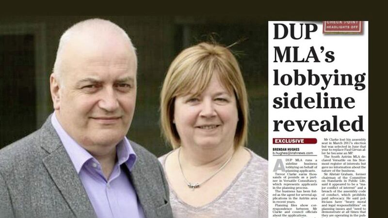 The DUP&#39;s Trevor and Linda Clarke, and inset, how The Irish News revealed Mr Clarke&#39;s planning consultancy business 