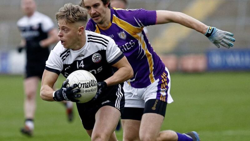 Kilcoo&#39;s Jerome Johnston and Derrygonnelly&#39;s Tiernan Daly in action when tomorrow&#39;s finalists clashed in 2019. Pic Philip Walsh. 