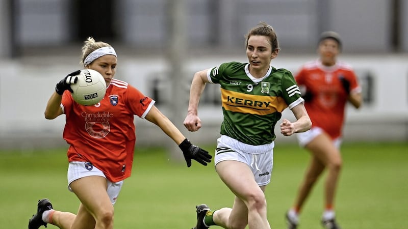 Lauren McConville (left) of Armagh in action against Kerry in last year's TG4 All-Ireland Ladies Football Senior Championship quarter-final.