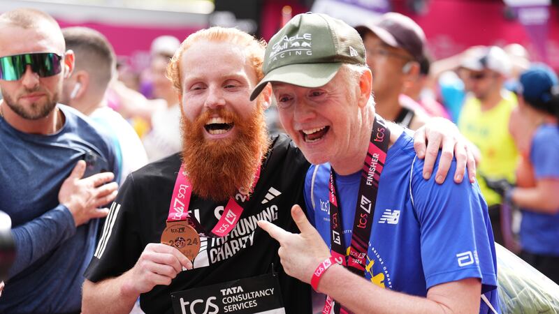 Russ Cook with Chris Evans after finishing the London Marathon