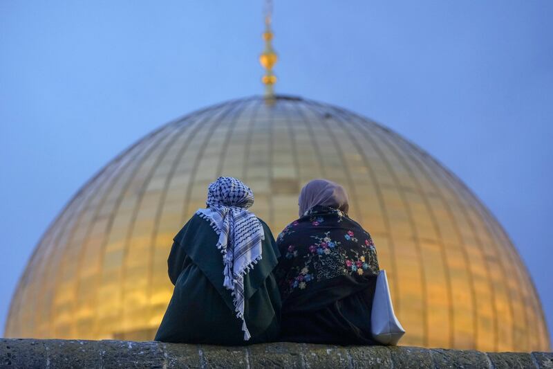 Palestinians gather for Eid al-Fitr prayers in Jerusalem (Mahmoud Illean/AP)