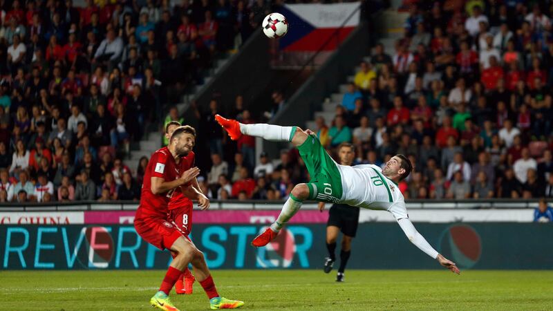 Northern Ireland's Kyle Lafferty attempts an overhead kick during the 2018 World Cup Qualifying match against the Czech Republic at the Generali Arena, Prague on Sunday September 4 2016