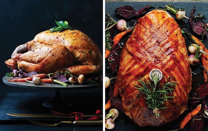 Pembrokeshire bronze turkey (left) and Oakham turkey crown with pork, chestnut, bacon and thyme stuffing<br />&nbsp;