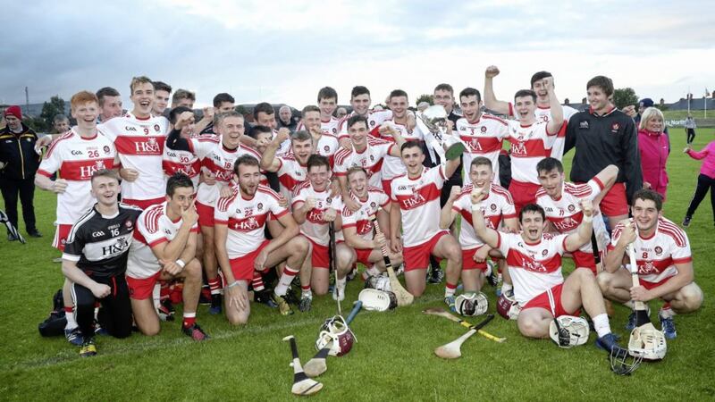 Derry celebrate winning the Ulster U21 Hurling Championship with a convincing defeat of Down at Corrigan Park last night <br />Picture by Declan Roughan