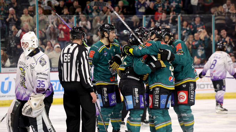 Belfast Giants play ice hockey against Manchester Storm in the SSE Arena