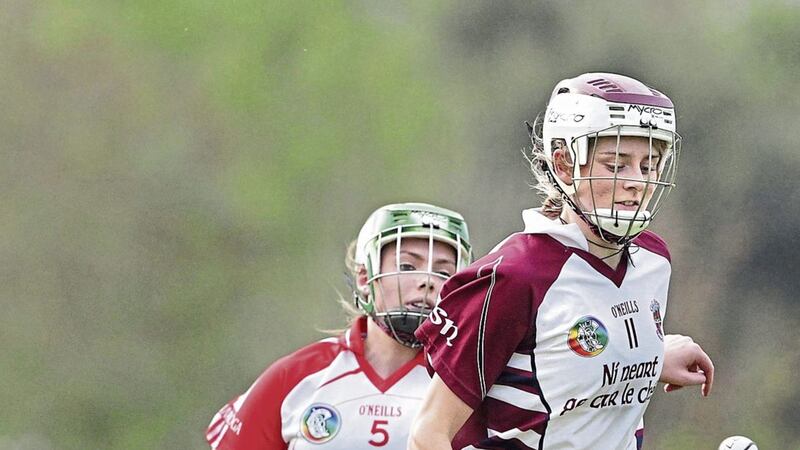 Slaughtneil&#39;s Eilis Ni Chaiside moves away from Chloe Higgins of Loughgiel during the 2016 Ulster Senior Club Camogie final replay at Maghera. Picture: Margaret McLaughlin. 