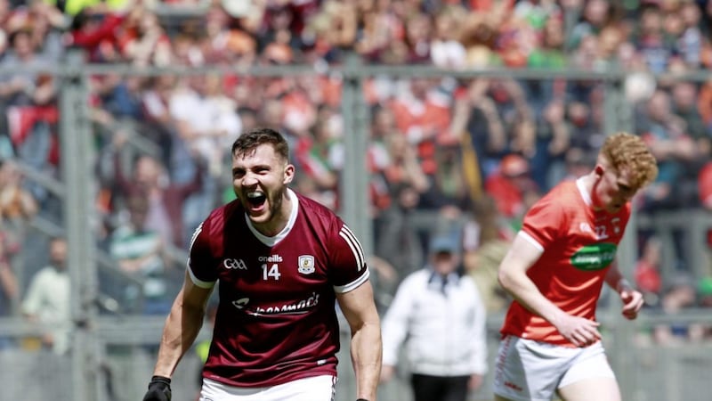 Galway&#39;s Damien Comer celebrates after finding the net against Armagh. Pic Philip Walsh 
