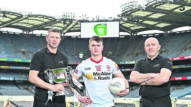 Tyrone U20 manager PauL Devlin (right) with forward Ruairi Canavan and Kerry U20 manager Tomas O Se at the launch of this year's EirGrid All-Ireland U20 Football Championship