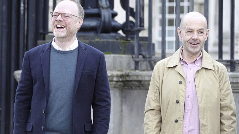  Trevor Birney and Barry McCaffrey outside the HIgh Court in Belfast last week. Picture by Hugh Russell. 