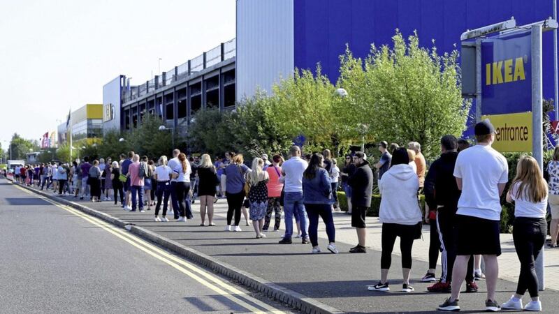 Hundreds of customers queued outside Ikea&#39;s Belfast store on Monday morning after the furniture retailer reopened for the first time since mid March. 