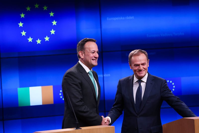 &nbsp;Leo Varadkar, left, shakes hands with European Council President Donald Tusk after making a joint statement following their meeting at the Europa building in Brussels, on February 6. Picture by Francisco Seco, AP Photo