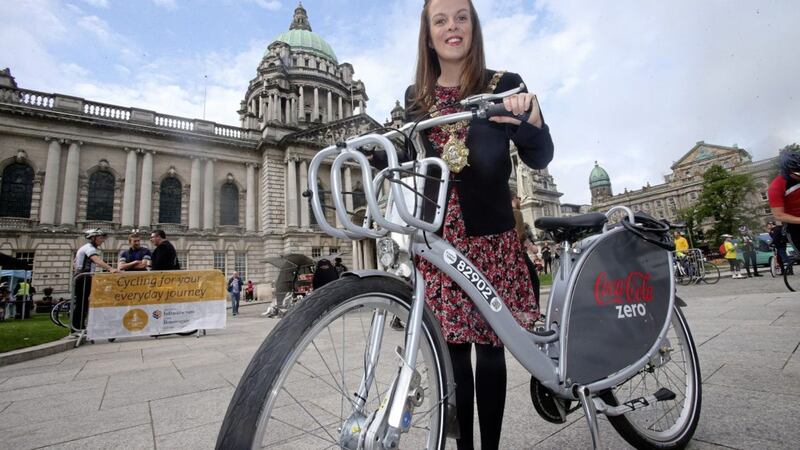 Lord Mayor of Belfast Councillor Nuala McAllister joined Hundreds of cycling commuters for the annual Bike to Work Day breakfast. Picture by Mal McCann
