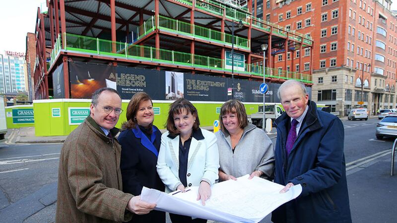 Directors of Hastings Hotels Howard Hastings, Managing Director, Allyson McKimm, Events Director, Aileen Martin, Sales Director, Julie Hastings, Marketing Director and Edward Carson, Vice-Chairman and Financial Director  unveiled a new building wrap which will be changed a regular intervals helping to tell the story of the hotel as it is being built&nbsp;