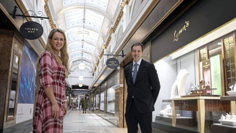 Lord mayor of Belfast Kate Nicholl and John Lunn, managing director of Lunn&rsquo;s Jewellers, inside Queen&rsquo;s Arcade. Picture: Matt Mackey/PressEye 