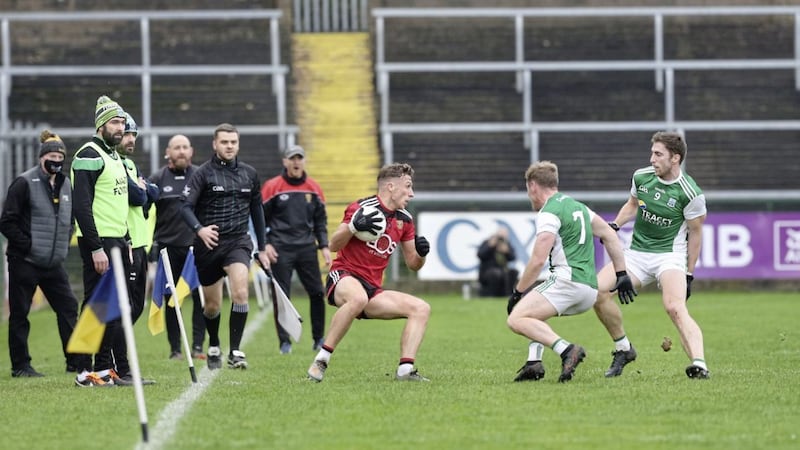 Barry O&#39;Hagan landed four points from play as Down saw off a dogged Fermanagh side at Brewster Park on Sunday. Picture by Margaret McLaughlin 