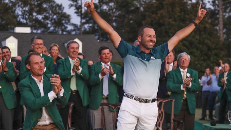 <span style="font-family: Verdana, Arial, Helvetica, sans-serif; font-size: 13.3333px;">Sergio Garcia of Spain celebrates at the green jacket ceremony after the Masters golf tournament</span>