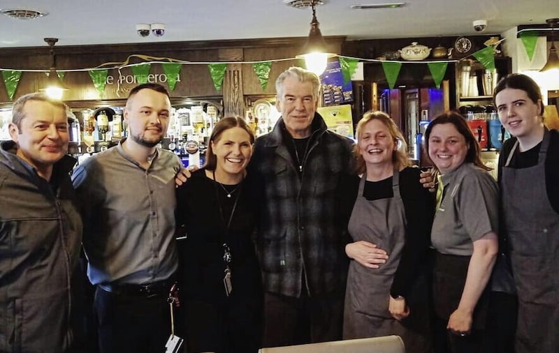 The Ponderosa Bar and Restaurant posted images of staff with Pierce Brosnan when he popped in last week. Picture from Facebook