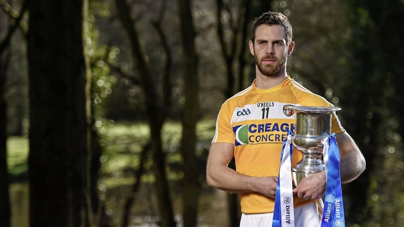 Antrim&#39;s Neil McManus attended the launch of the Allianz Hurling Leagues at Belfast&#39;s Malone House yesterday. Picture by Sportsfile 