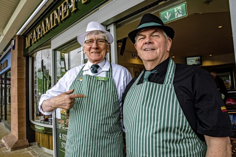 Butchers Michael McCormick and Oran McAtamney in Oran&#39;s premises at Forestside 