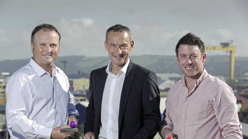 Barry Hobson (left) and Lane Scott of The Lost City Adventure Golf (right) are pictured with Stephen Kirkpatrick of Corbo Properties, at Belfast&#39;s City Side Retail and Leisure Park, where the new attraction will tee off this December 
