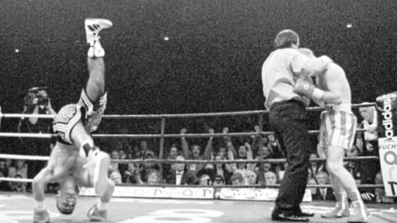 HARDY FLOP...WBO/IBF champion Prince Naseem Hamed celebrates with a victory flip after his first round destruction of Sunderland&rsquo;s Billy Hardy at the Nynex Arena, Manchester 