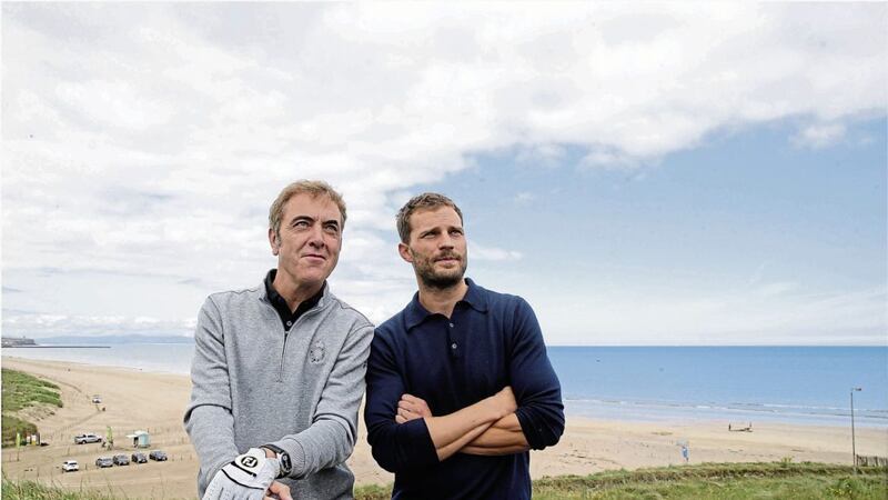 Jamie Dornan and James Nesbitt at yesterday&#39;s pro am at Portstewart Golf Club Picture by Hugh Russell 