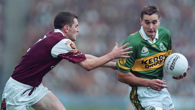 Galway's Tomas Meehan tries to get to grips with Kerry's Maurice Fitzgerald during the 2000 All-Ireland Senior Football Championship final at Croke Park, Dublin