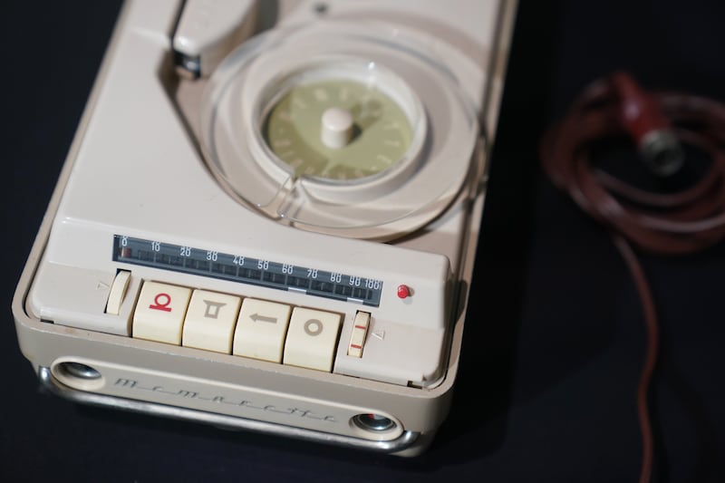 Agatha Christie’s 1959 Grundig Memorette portable dictating machine and microphone during a preview of Murder by the Book: A Celebration of 20th Century Crime Fiction, a British crime writing exhibition at Cambridge University Library, which opens to the public on Saturday.