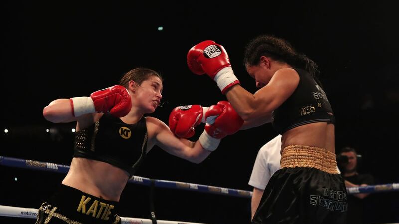 Katie Taylor in action against Viviane Obenauf during Saturday's super-featherweight bout at the Manchester Arena<br />Picture by PA