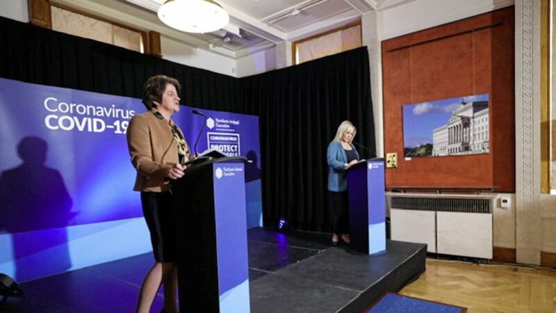 Arlene Foster and Michelle O&#39;Neill at Thursday&#39;s executive briefing. 