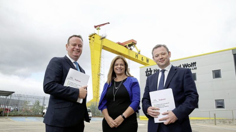 Stephen Kelly, chief executive, Manufacturing NI, Maureen Treacy, Perceptive Insight and James Donnelly, corporate partner, Tughans, launch the 2018 Manufacturing Survey 