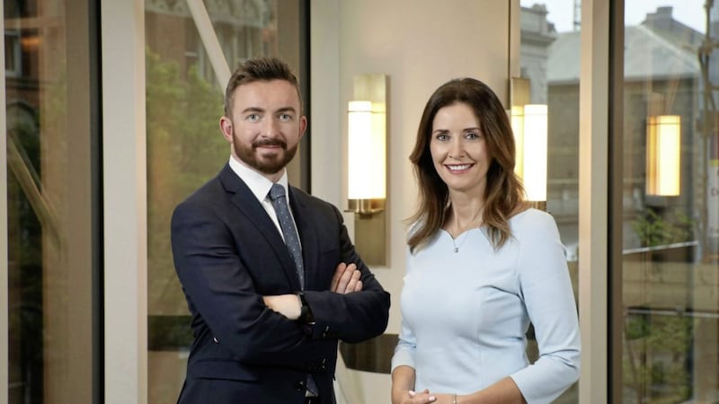 Jonathan Ireland, founder and partner at Lanyon Group, and Katie Doran, founder and partner at Lanyon Group, pictured at the firm&rsquo;s new grade A offices in Belfast city centre 