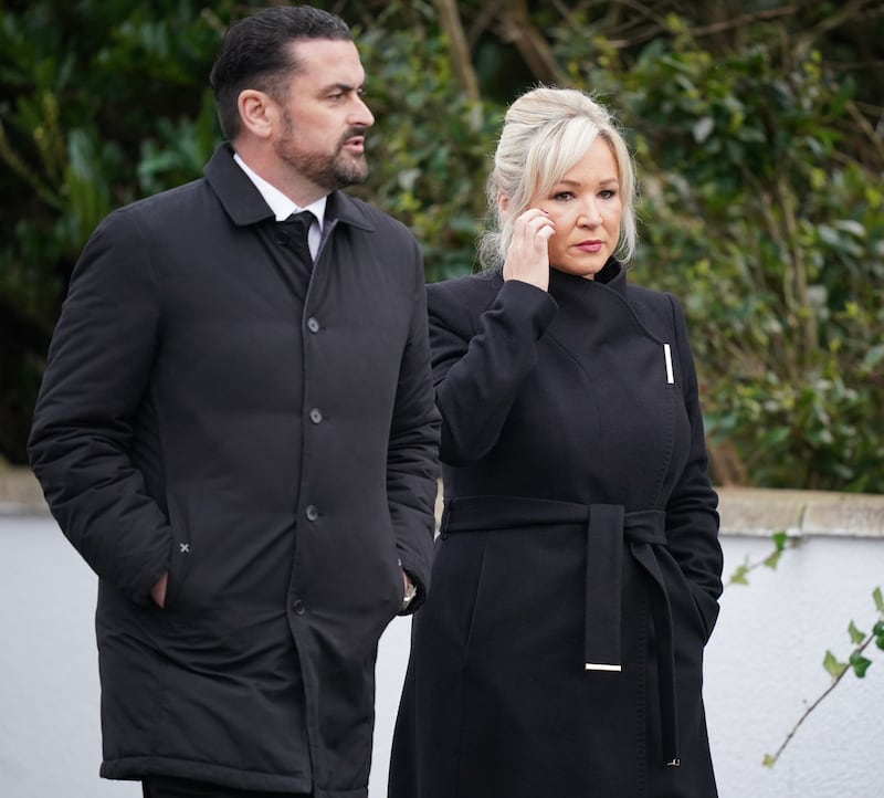 Sinn Fein Vice President Michelle O'Neill arrives at St Michael's Church, Creeslough, for the funeral mass of Jessica Gallagher,