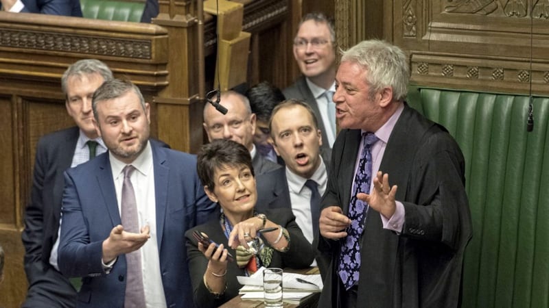 Jo Churchill MP urging Commons Speaker John Bercow to look at a video clip of Jeremy Corbyn on a mobile phone as, from left,Education Secretary Damian Hinds, Andrew Stephenson MP, Mike Freer MP and Health Secretary Matt Hancock look on PICTURE: UK Parliament/Mark Duffy/PA 