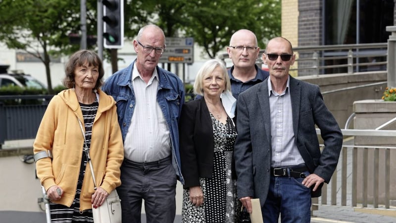 Relatives of Bloody Sunday victim, James Wray (left to right), Margaret, John, Doreen, family solicitor Greg McCartney and Liam Wray, outside the City Hotel in Londonderry, after the prosecution of Soldier F collapsed. Photo: Liam McBurney/PA Wire. 