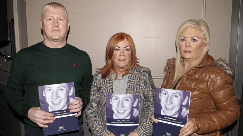 Eddie Copeland, his mother Carol and sister Linda pictured at the launch of a booklet about the British army killing of his father John in 1971 