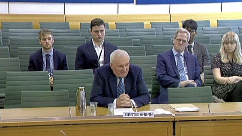 Former taoiseach Bertie Ahern gives evidence to the Exiting the European Union Committee in the House of Commons in London Picture: House of Commons/PA 