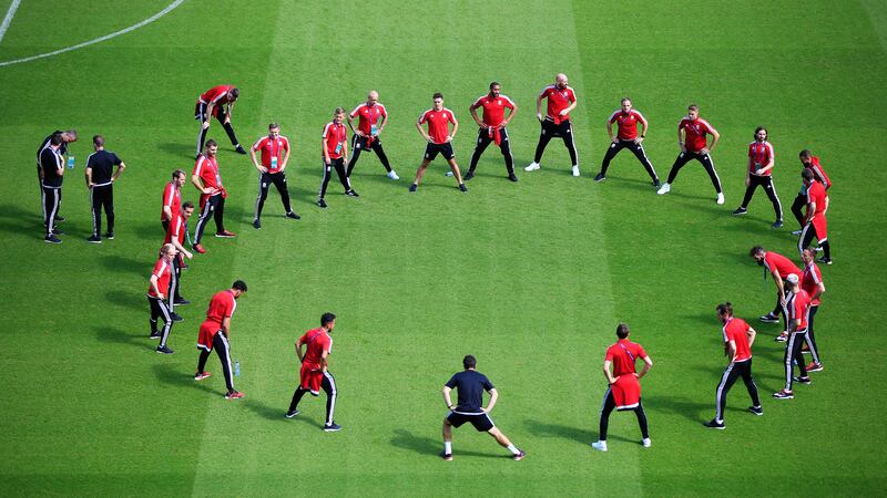 &nbsp;Wales&nbsp;players during a training session at the Parc de Princes, Paris<br />Picture by PA