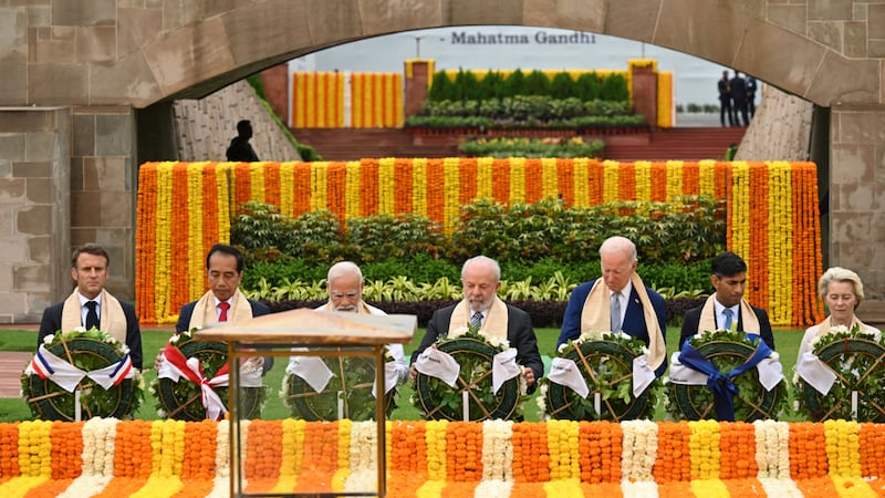 G20 leaders paid their respects at a memorial site dedicated to Indian independence leader Mahatma Gandhi on Sunday (Kenny Holston/Pool/AP)