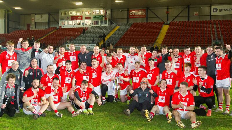 The Craobh Rua team celebrate after defeating Carrickmacross in the Ulster Club Junior Hurling Championship final at Pairc Esler<br />Picture: Noel Moan